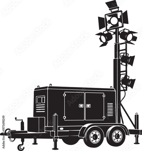 Mobile lighting tower, floodlight searchlight, trailer mounted, construction site illumination, outdoor lighting equipment