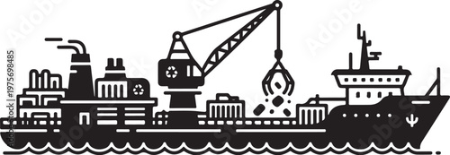 Cargo ship, industrial vessel, crane boat, black and white vector, shipping icon