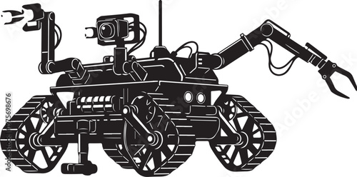 Industrial robot, robotic arm, mechanical machine, black vector illustration