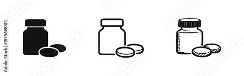 Medicine bottle and pills icon set. Healthcare, prescription drugs, or pharmacy symbol.