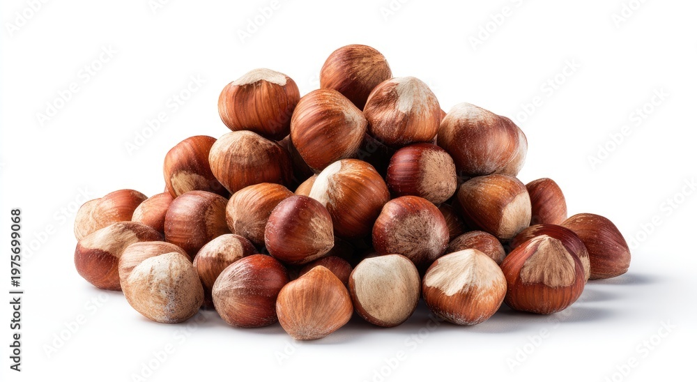 Obraz premium A pile of shelled nuts, brown and textured, against a white background