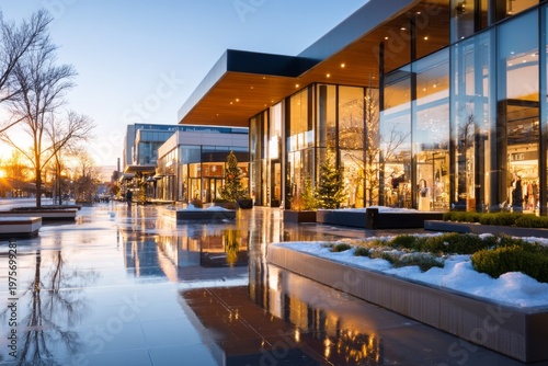 Contemporary Winter Shopping Plaza with Minimalist Design at Sunset During a Sale