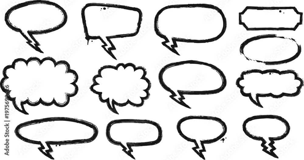Fototapeta premium A collection of hand-drawn black speech bubbles and conversational frames in a street art or comic book style.