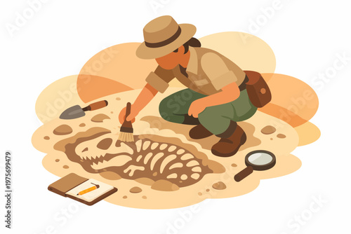 Archaeologist Excavating Dinosaur Skeleton in Desert Flat Vector