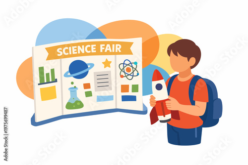 Young student with rocket model and science fair display board