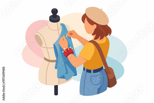 Fashion Designer Pinning Fabric on Mannequin Dummy