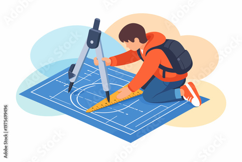 Student Using Drafting Tools to Create Technical Blueprint Drawing