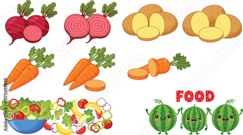 Vegetables and Healthy Food Set with Beetroot, Carrot, Potato, Salad Bowl and Cute Watermelon Characters Vector Illustration