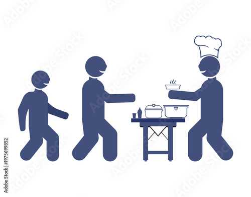 Food distribution vector icon of a chef serving refugees. Concept of volunteering, humanitarian aid, charity, street food and world refugee support. 