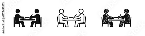 Two people discussing or interviewing icon set. Meeting, consultation, or job interview symbols in solid, line, and hand-drawn styles.
