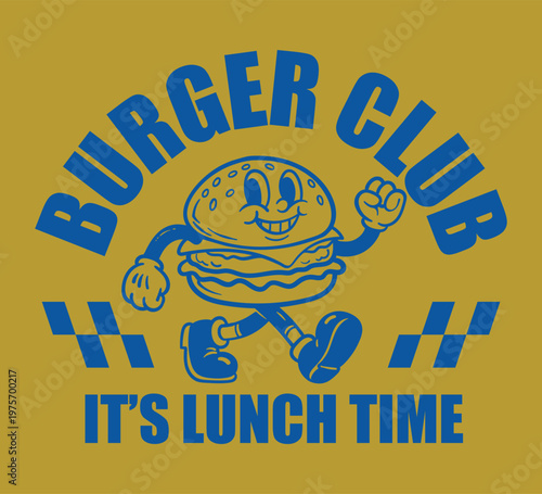 Vector illustration of a t-shirt design retro burger mascot invites everyone to "Burger Club" at lunch time