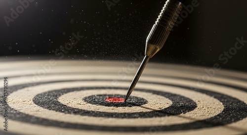Dart hits the center of a wooden bullseye target to demonstrate precise goal setting and achieving professional success.