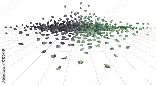 Scattered dark and green leaf-like particles on a white grid surface, creating a gradient effect.