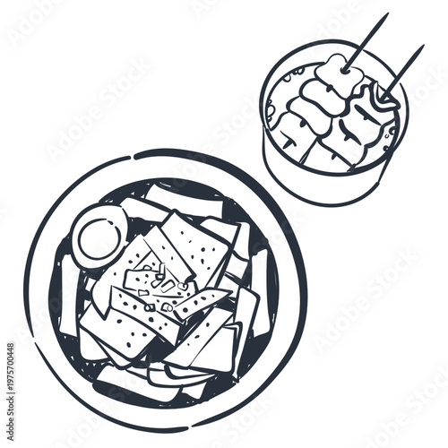 Hand drawn korean street food set with tteokbokki in bowl and odeng fish cakes on skewers. Vector line art illustration of spicy rice cakes isolated on white background for menu design.