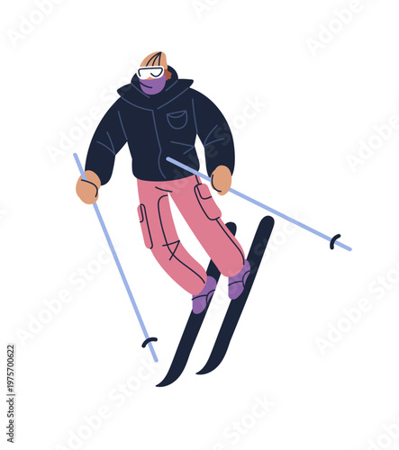 Athlete with sticks in hands is skiing on snow slope. Skier with goggles rides in mountains. Rider with equipment does winter sport on resort. Flat isolated vector illustration on white background