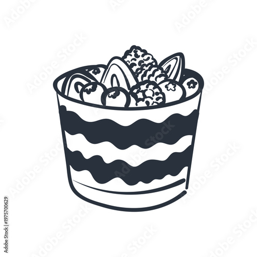 Hand drawn berry parfait or trifle dessert in glass. Vector line art illustration of layered yogurt with blueberries, raspberries and strawberries isolated on white background for cafe menu.