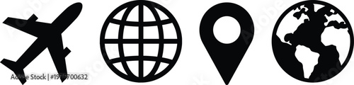 travel icons design. Set of plane airplane, world and location pin icon design. GPS symbols 