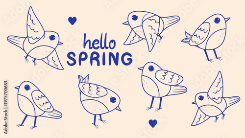 Big set of hand drawn birds in doodle style with hearts and hello spring lettering. Vector line art illustration of small sparrows or robins isolated for seasonal cards and textile design.