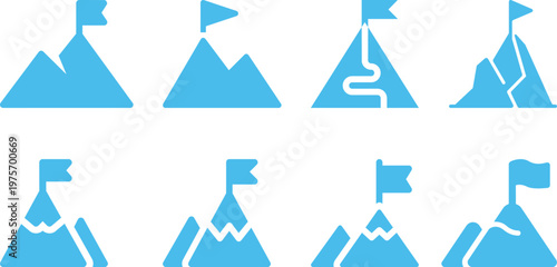 Mountain icon. Success and goals icons set. Leadership achievement vector. mountain range with flag on the highest peak. twin peaks, mountain climber