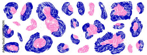 Crayon animal spots in blue and pink for girly leopard pattern. Bold crayon marks with animal panther skin texture as a vector set. Swirling fur elements for cheetah print and apparel design.