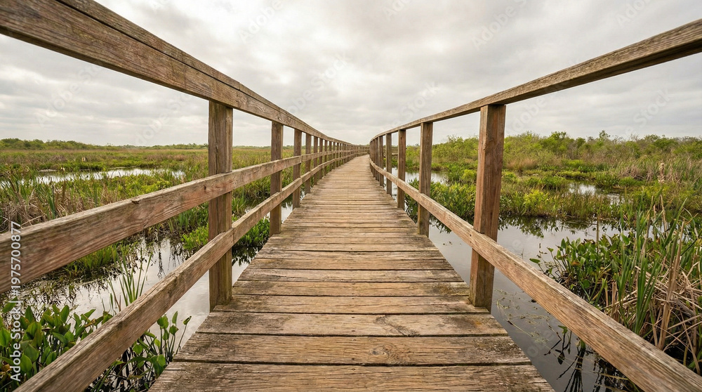 Obraz premium Elevated wooden walkway winding through wetlands under cloudy sky 