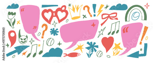 Speech bubbles colorful crayon doodle. Hand drawn kids text boxes frames with scribbles set. Funky crayon pencil flowers, callout shapes. Textured talk frames bg. Crown, arrows isolated no background.