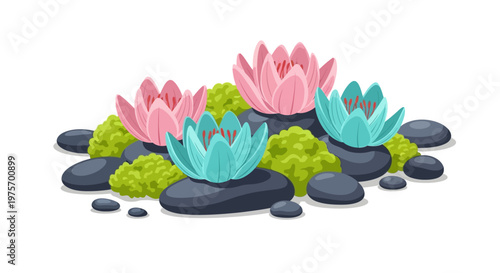 A serene arrangement of pink and blue lotus flowers with smooth dark stones and vibrant green moss, creating a peaceful zen garden scene.