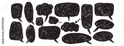 Handmade linocut speech bubble. Set of testimonial shapes with charcoal texture. Chalk pencil doodle chat frame for dialogue, text boxes. Comic balloons. Perfect for feedback design. Vector callouts.