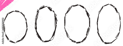 Oval circle frames set in thin crayon pencil hand drawn line for notebook sticker. Rough oval border and circular brush and doodle marks on black grunge texture. Isolated vector set with chalk element