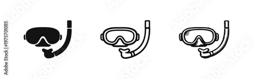 Diving mask and snorkel icon set for underwater sports and summer vacation in various styles