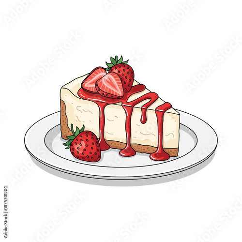 A delicious strawberry cheesecake slice topped with fresh strawberries and sauce on a white plate, viewed from the front.