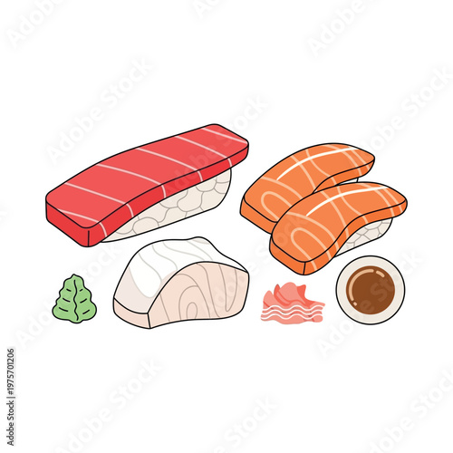 Assorted sushi pieces including tuna, salmon, and whitefish, served with wasabi and soy sauce in a digital illustration.