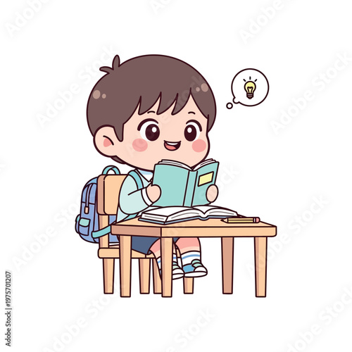 Young boy reading book at table with thought bubble and lightbulb idea indoors