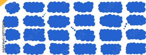 Blue clouds shapes for text. Fluffy comic frames speech bubbles and stickers. Promo badge silhouette for flat design. Abstract wavy callout. Cloud illustration for frame. Vector fluffy tags isolated.