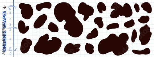 Irregular spots in flat dark silhouette for abstract organic shape pattern. Bold irregular blobs with simple uneven form as a vector set. Amoeba spots in splodge outline fort trendy decor design.