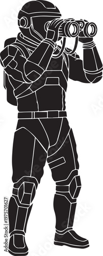 Astronaut silhouette vector illustration using binoculars scouting on alien planet surface