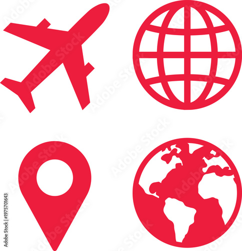 plane, globe and location pins icons. International travel and trip, vacation vector icons set. Set of travel icons design 