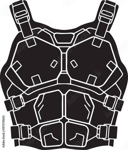 Futuristic armored vest vector illustration with metallic line art design and transparent background