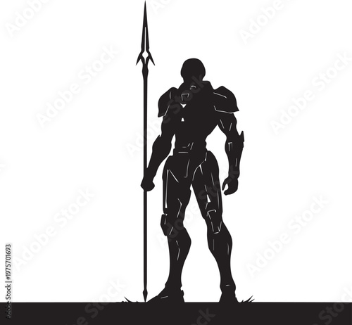 Futuristic soldier vector silhouette illustration line art armored guard with tall spear