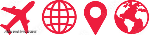 travel icon set. Airplane, globe, location point design. Travel pictogram 