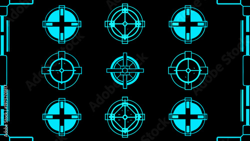 Abstract geometric pattern with glowing cyan targets on a black background