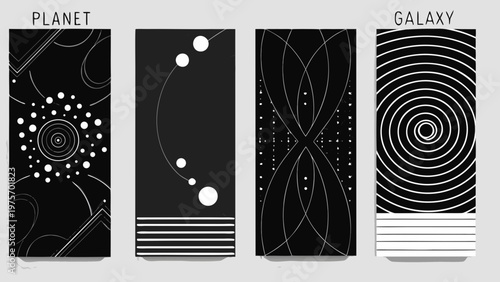 Four abstract black and white panels representing planets galaxies and space