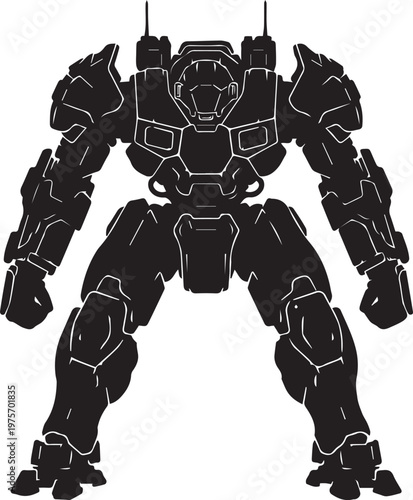 Robot soldier or mech suit vector silhouette illustration with intricate line art