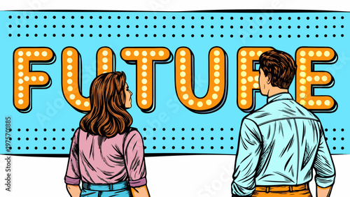 Couple gazing at a large illuminated future sign in a pop art style