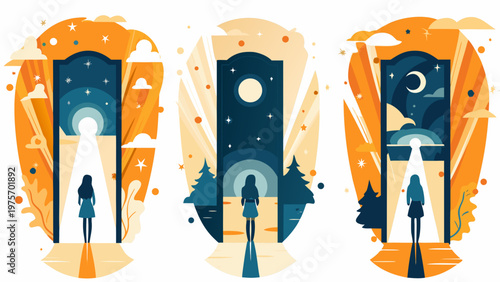 Three stylized illustrations depict figures gazing at moonlit landscapes