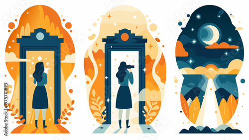 Three nested matryoshka dolls depicting journeys through portals and space