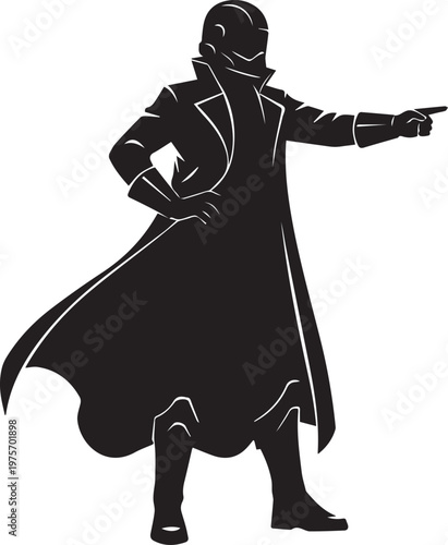 Silhouette vector illustration of mysterious sci-fi hero in long coat pointing forward