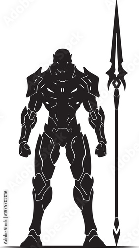 Warrior character silhouette vector illustration with spear and futuristic armor transparent