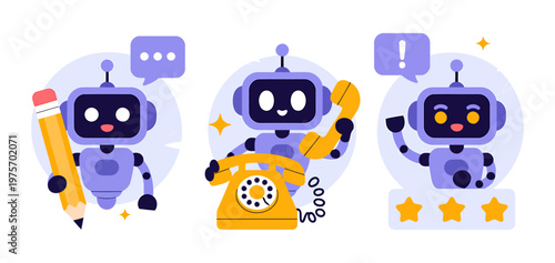 Cute robot assistants offering customer support with phone and pencil customer service artificial intelligence digital assistant flat design problem solving communication technology assistance