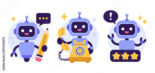 Customer service robots interacting and providing support with artificial intelligence digital assistant flat design problem solving communication technology assistance internet computer